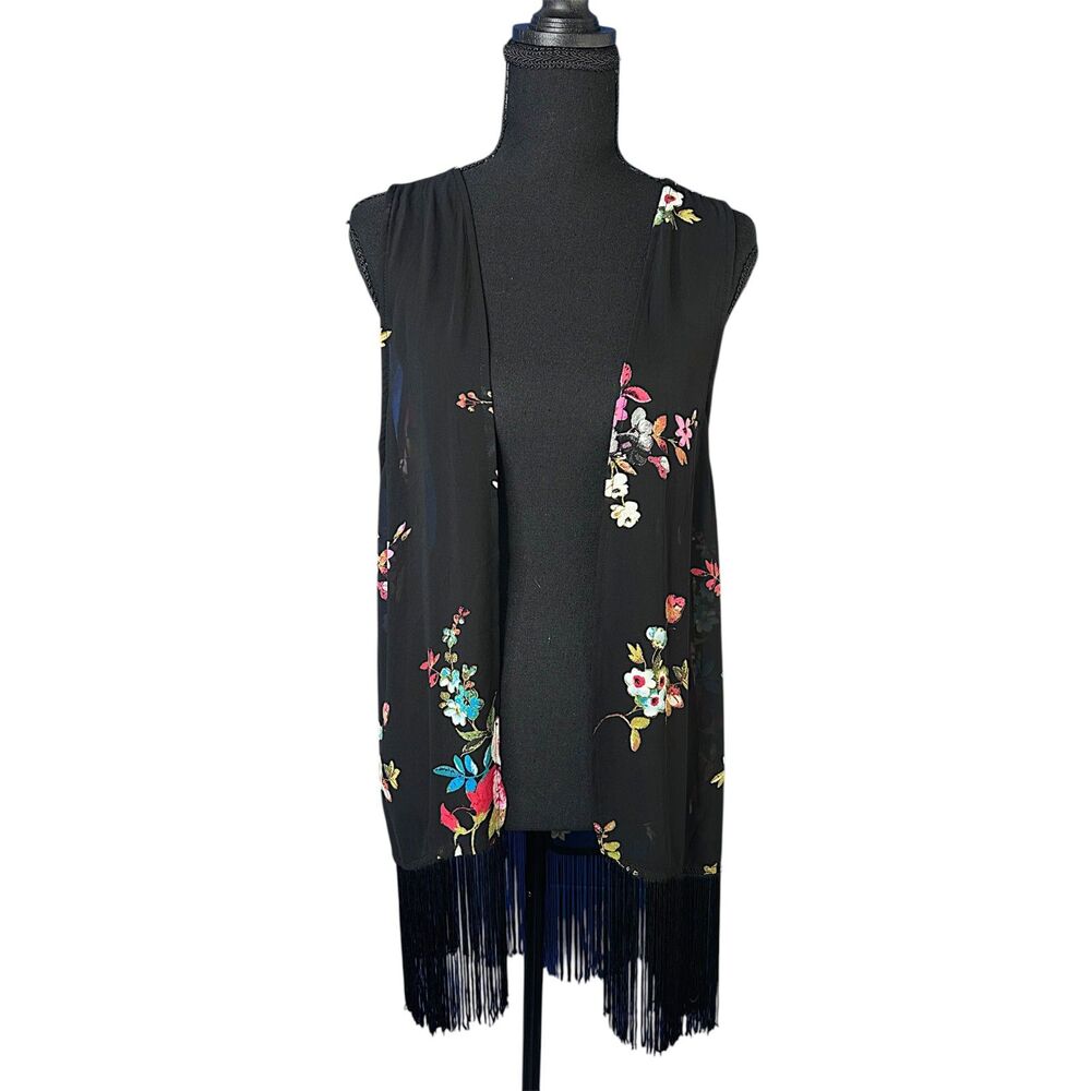 Womens Black Floral Sheer Kimono Shawl XL Fringe Fairycore Festival Concert Boho